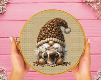 Coffee Gnome Cross Stitch Patterns, Coffee Lover Cross Stitch Pattern, instant download