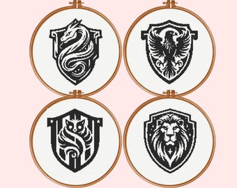 Patrón de punto de cruz de escuelas de magia, 4 patrones de escudos de escuelas de magia, descarga instantánea en PDF.