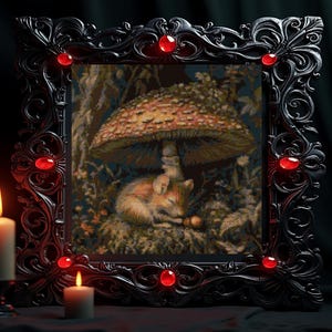 May include: A square cross-stitch embroidery depicting a small animal sleeping under a large mushroom, encased in an ornate black frame with embedded red circular gems. The frame features intricate scrollwork and decorative carvings throughout.