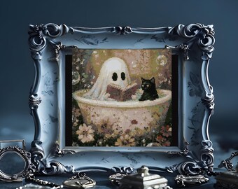Ghost and Cat Cross Stitch Pattern , Ghost Embroidery, instant pdf download
