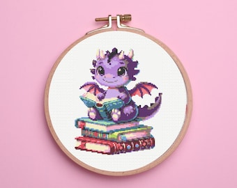 Dragon Cross Stitch Pattern ,  Dragon on Books Cross Stitch Pattern, instant download
