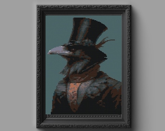 May include: A black crow wearing a top hat and a suit. The crow has a long beak and dark feathers. The background is a light blue colour.