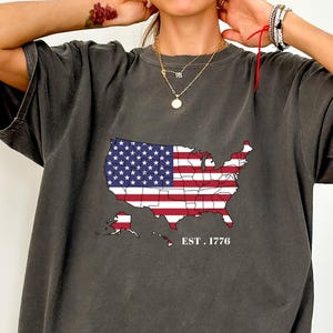 Chemise Comfort Colors® USA Flag Est 1776, T-shirt 4 juillet, chemise Independent Day, t-shirt Patriot American, t-shirt Etats-Unis, chemise carte des Etats-Unis d'Amérique