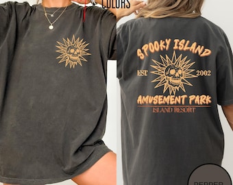 Komfort Farben Spooky Island Skull Shirt, Retro Halloween Film Shirt, Lustiges Halloween Skeleton Shirt, Horror Cartoon, Disco Skull T-Shirt