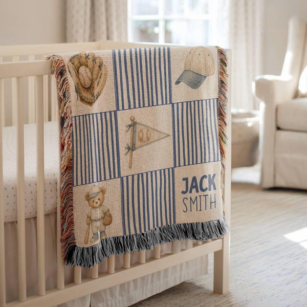 Personalized Baseball Blanket Gift Custom Name Baby Blanket Baseball Boy Sport Nursery Theme Baseball Gift for New Dad Vintage Baseball Room