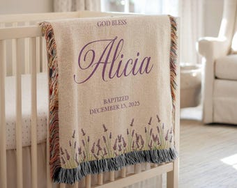 Personalized Baby Baptism Blanket: Floral Cross Woven Throw