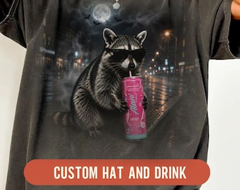 Comfort Colors Raccoon Custom Any Drink Graphic Tee, Fun Animal Lover Shirt, Vintage Halloweẹn Shirt, Funny Meme Genz Dank Raccoons Shirt