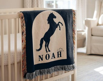 Western Baby Blanket with Name Cowboy Patchwork Woven Quilt Ranch Blanket Boy Western Nursery Crib Blanket Monogram Fringe Throw Longhorne