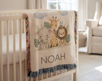 Custom Safari Nursery Decor Personalized Blanket Gift for New Baby Boy Blanket Safari Baby Shower Gift Toddler Blanket Custom Name Gift Boy