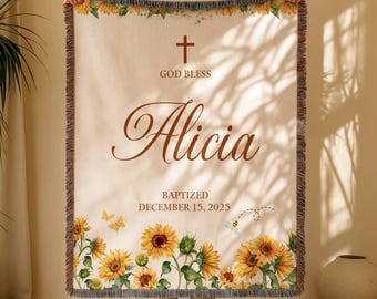 Personalized Baby Baptism Blanket: Floral Cross Woven Cotton Throw