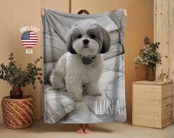Personalized Pet Photo Blanket, Custom Dog Cat Memorial Blanket With Name, Pet Loss Remembrance Gift For Dog Mom Dad, Pet photo keepsake