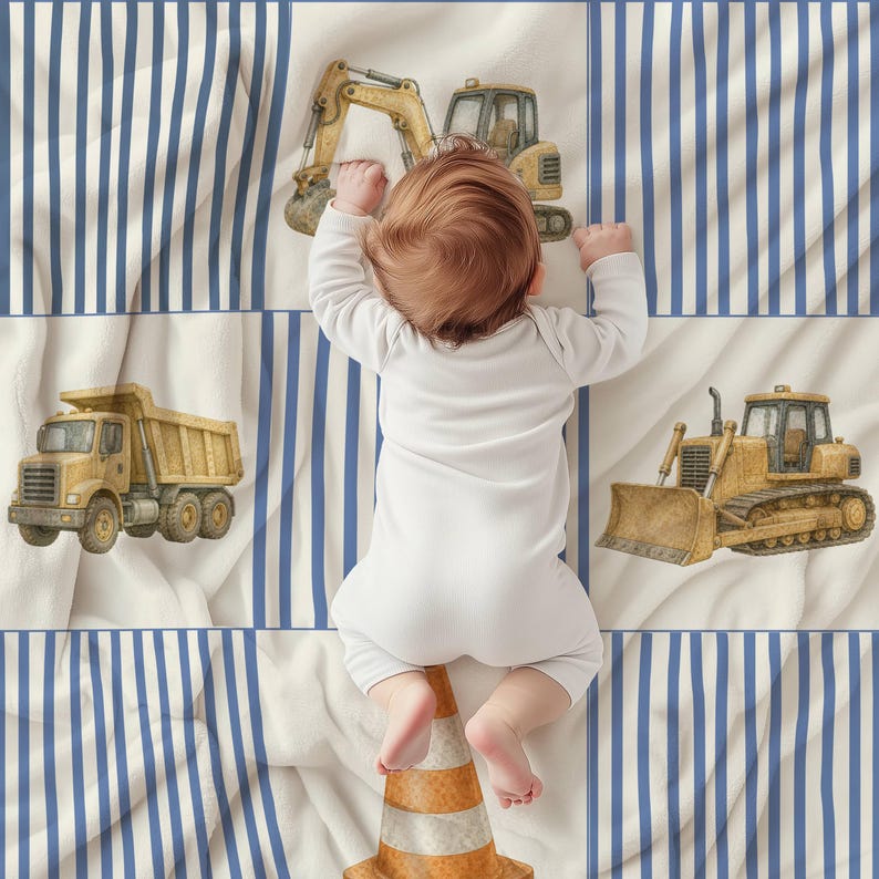 Pu&ograve; includere: Una morbida coperta caratterizzata da un motivo a griglia con strisce verticali bianche e blu alternate a quadrati bianchi decorati con illustrazioni ad acquerello di veicoli da cantiere gialli, tra cui un escavatore, un camion con cassone ribaltabile e un bulldozer.