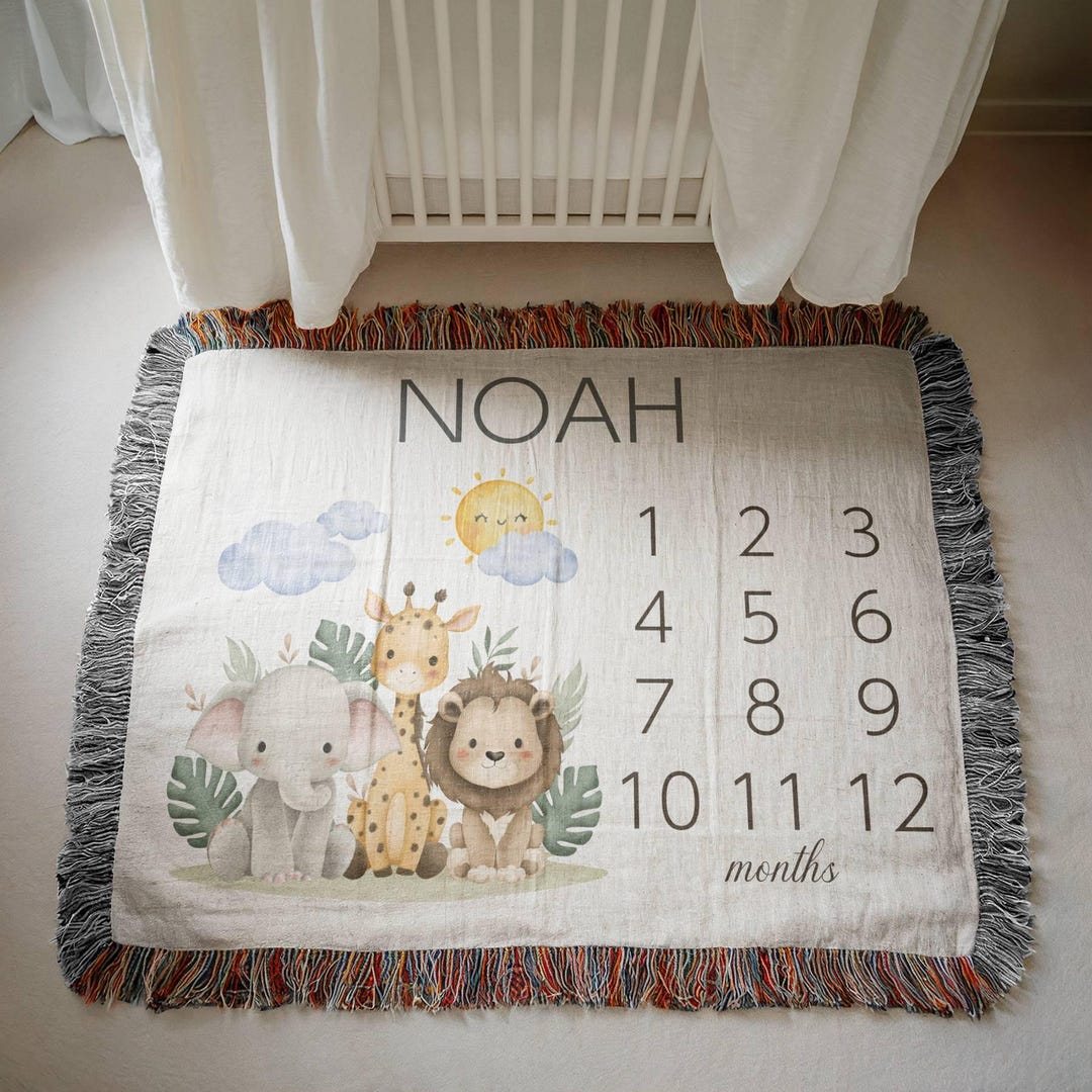 Personalized Safari Animal Baby Milestone Blanket: Monthly Photo Prop ...