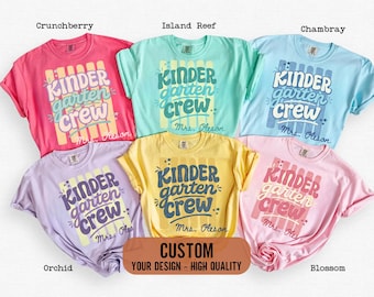 Custom Kindergarten Teacher Shirt, Comfort Colors® Kindergarten Tee, Retro Stripe Kindergarten Team Shirt, Back to School, Elementary Teach
