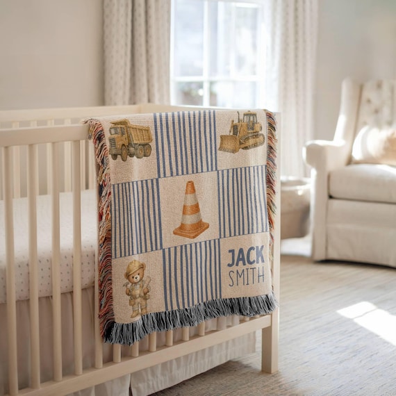 Personalized Teddy Bear Woven Blanket, Construction Machines Bear Nursery Decor, Custom Name Baby Blanket, Classic Nursery Gift