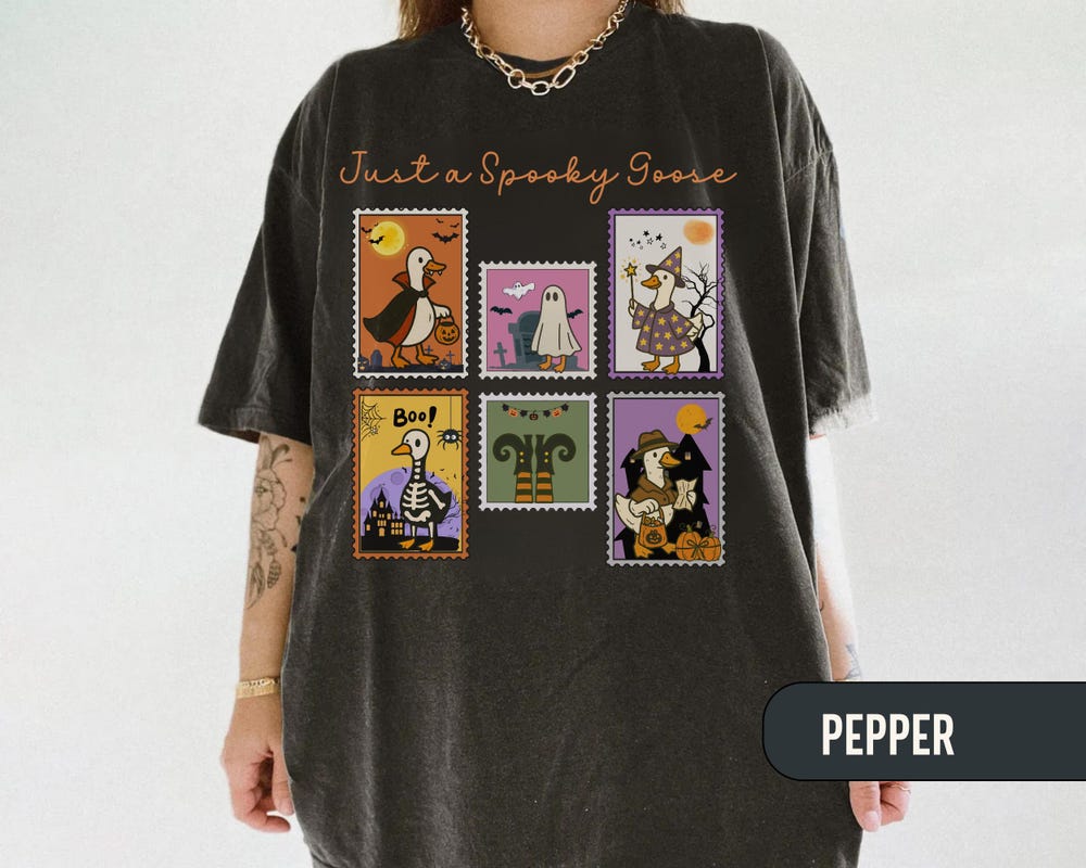 Just A Spooky Goose Shirt, Halloween Cute Goose T-Shirt, Retro Silly Goose Tee, Women'S Halloween Shirt, Fall Spooky Cat Tee, Comfort Colors