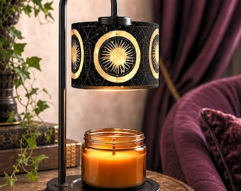 Black and Gold Celestial Candle Warmer Lamp | Sun Moon Wax Melt Warmer | Witchy Whimsigoth Home Decor | Flameless Candle Lamp