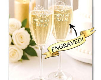 Engraved Champagne Glass, DnD RPG Players Wedding Toast Glassware with Nat 20 Rings Design, D20 Decor for D&D Lovers, Gift for Bride Groom