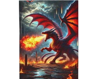 Velveteen Plush Dragon Blanket Fire Dragon Home Decor, DnD Red Dragon Bedding, Chaos and Destruction, Cozy Throw Dragon Lover Gift for DND
