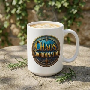 May include: A white ceramic mug featuring a circular emblem with a blue center and gold border. The text "CHAOS COORDINATOR" is printed in gold lettering within the emblem. The mug is filled with a beverage topped with latte art foam.