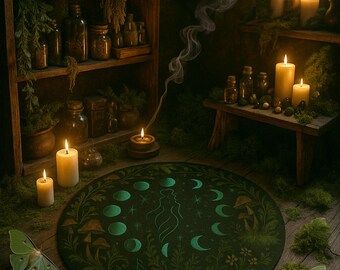 Dark Cottagecore Moon Phase Rug, Goblincore Witchy Forest Mat with Celestial Feminine Silhouette, Moss Circular Rug in Natural Earth Tones