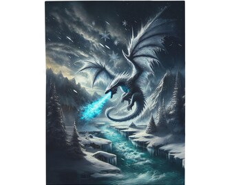 Velveteen Plush Ice Dragon Blanket, Fantasy Art Throw, Gift for Dragon Lover DND Home Decor Cozy Bedding, Frost Snow Epic Fantasy Blanket