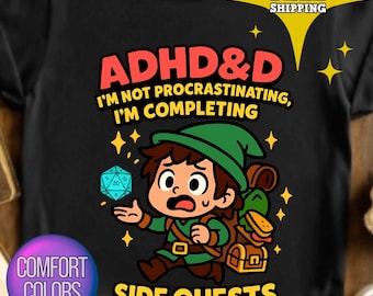 Camiseta gráfica de TDAH&D, camiseta sarcástica de TDAH, camiseta de personaje chibi de D&D para procrastinación, camiseta friki D20 Nat 1, regalo de Dungeons and Dragons