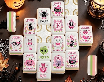 LIMITED EDITION Halloween Mahjong Tiles, Gold Celestial Acrylic Back with Pastel Halloween Tile Design
