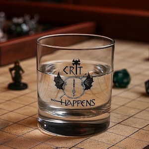 Crit Happens Whiskey Glass, Dungeons and Dragons Gifts, D&D RPG Glassware, DND Accessories, Dungeon Master Humor, Critical Hit D20, DM Gear