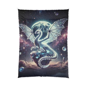 Crystal Dragon Decor, Galaxy Comforter Fantasy Dragon Blanket for Dorm or Bedroom Makeover, Full Moon Bedding, Dragon Lover Gift