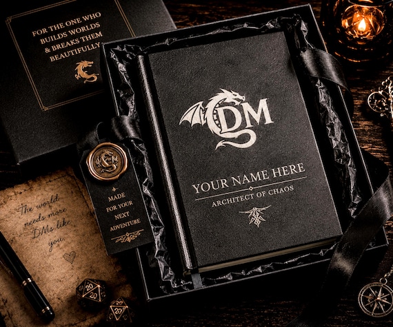 Leather-bound campaign journal custom-engraved for Dungeon Masters — niche enough to feel truly personal and comes in a gift box.