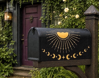 Black and Gold Celestial Mailbox Cover | Magnetic Sun Moon Mailbox Wrap | Witchy Whimsigoth Outdoor Decor | Standard Size Mailbox