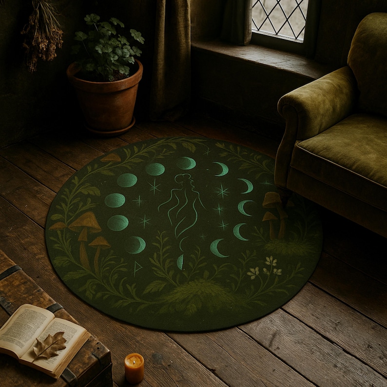 Moon Face Rug Dark Cottagecore Moon Phase Rug, Goblincore Witchy Forest Mat With ...