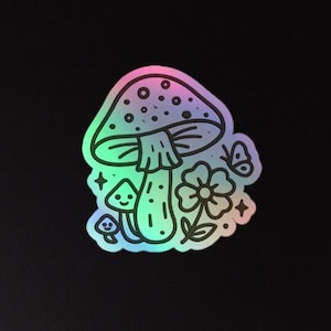 Sticker champignon magique, sticker champignon féerique métallique, sticker coupe baiser en vinyle, sticker métallique arc-en-ciel scintillant
