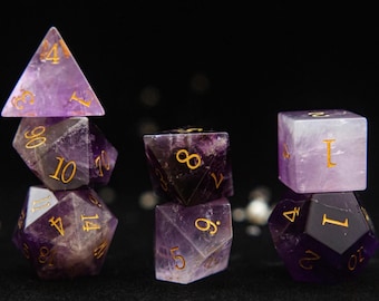 Natuurlijke amethist polyedrische dobbelstenen set voor D&D Gaming, Dungeons and Dragons Gamer Essentials, Gemstone DND TTRPG 7 dobbelstenen set, uniek D20-cadeau