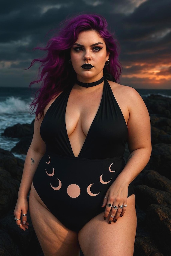 Lunar Elegance Deep V Swimsuit – Witchy Goth Swimsuit, Cheeky, Halter or Scoop Neck Black One Piece Bathing Suit - Women Size  S-3XL