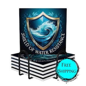 May include: Set of six blue and gold coasters with a wave design and the text "Shield of Water Resistance".