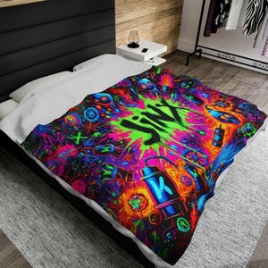 Jinx Neon Chaos Blanket - Arcane Inspired, Colorful Graffiti Bedroom Decor - Soft and Cozy Throw Blanket