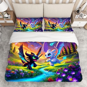 Playful Dragon Duvet Cover Set - Toothless Hiccup How to Train Your Dragon Inspired, Choose Your Favorite Lightfury/Nightfury Dragon Design