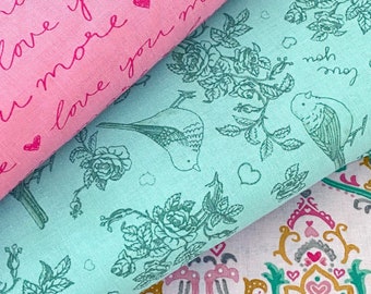 Anne Bollman Pen Pal Fabrics  Sold by the Fat Quarter Half Yard & Yard Pink Aqua