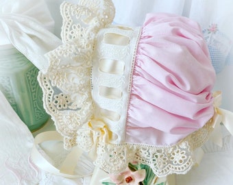 Tea Party Vintage Heirloom Bonnet Pastel Blue  Blush White  Size 6 months 3