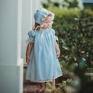 Heirloom Matching Bonnet and Dress Blue Blush White  Hand Smocked Heirloom Dress and Girl Vintage  Size NB to 5