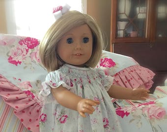 Doll 18 inch and 13 inch  Hand Smocked Dress Juvie Moon Designs Heirloom Vintage Blue Rose and Lace and Matching Girl Hand Smocked Dress