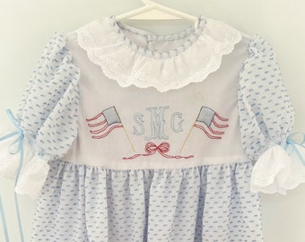 Holiday Memorial Day 4th of July Hand Embroidered Heirloom Swiss Dots Dress Girl Vintage  Size 6m to 8  choose your colors and theme Custom