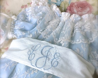 Lace Overlay Bubble with Ivory Lace and Blue Batiste Fabric Silk Monogrammed Sash