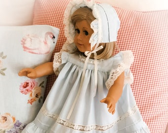 18 Inch Doll Heirloom Blush Blue Lavender  Long Dress with Lace and Ribbon and Matching Bonnet