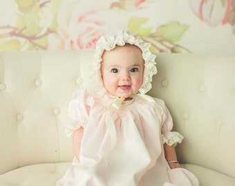 Shower Coming Home Gift Baby Pale Pink Hand Smocked Sweet Heart Vintage Inspired Size Newborn  to 4 Matching Bonnet