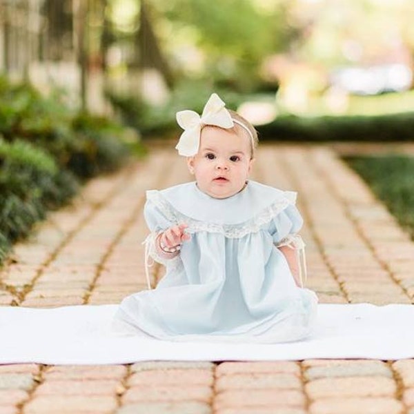 Heirloom Blue Baby Girl Older Girl Portrait Dress with Traditional Classic Elegant Collar Ivory Lace and Pintucks