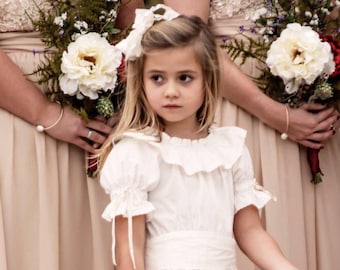 Flower Girl Size 6months to 14 Vintage Inpired Wedding,  Communion Baptism Beach   Silk Sash and Embellished Ivory Dress