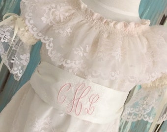 Choice of Colors with Ivory Lace Overlay Vintage Inspired Sister Girl Special Occasion Flower Girl Dress with Monogrammed Sash